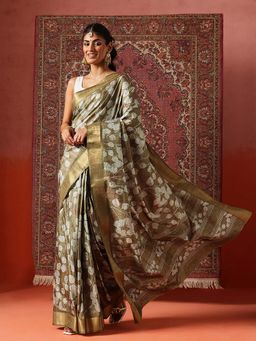 Silk Land - Women Olive Floral Printed Kotha Silk Ready To Wear Saree with Unstitched Blouse