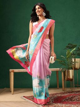 Silk Land - Women Pink Floral Printed Kotha Silk Ready To Wear Saree with Unstitched Blouse