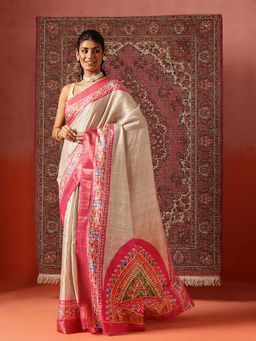 Silk Land - Women Beige Floral Printed Kotha Silk Ready To Wear Saree with Unstitched Blouse