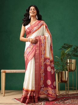 Silk Land - Women Off White Floral Printed Kotha Silk Ready To Wear Saree with Unstitched Blouse