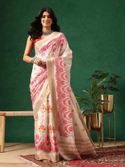 Silk Land - Women Beige Floral Printed Kotha Silk Ready To Wear Saree with Unstitched Blouse