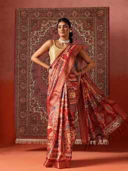 Silk Land - Women Maroon Floral Printed Kotha Silk Ready To Wear Saree with Unstitched Blouse