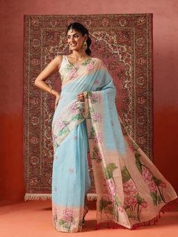 Silk Land - Women Blue Digital Floral Printed Chanderi Ready To Wear Saree with Unstitched Blouse