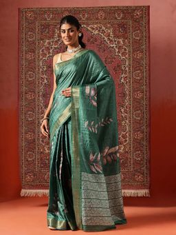 Silk Land - Women Green Floral Printed Kotha Silk Ready To Wear Saree with Unstitched Blouse