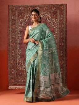Silk Land - Women Green Floral Printed Kotha Silk Ready To Wear Saree with Unstitched Blouse