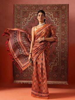 Silk Land - Women Brown Digital Floral Printed Chanderi Ready To Wear Saree with Unstitched Blouse