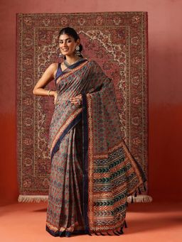 Silk Land - Women Blue Digital Floral Printed Chanderi Ready To Wear Saree with Unstitched Blouse