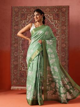 Silk Land - Women Green Floral Printed Kotha Silk Ready To Wear Saree with Unstitched Blouse