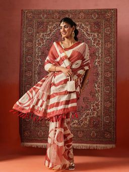 Silk Land - Women Red Digital Printed Chanderi Ready To Wear Saree with Unstitched Blouse