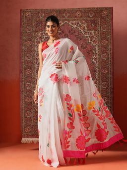 Silk Land - Women White Dhakai Cotton Jamdani Ready To Wear Saree with Unstitched Blouse