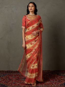 RI.Ritu Kumar - Peach Zardozi Hand Embellished & Printed Dahlia Saree with Unstitched Blouse