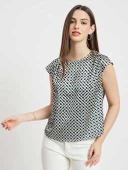 FableStreet - Geometric Drop Shoulder Top - White And Navy
