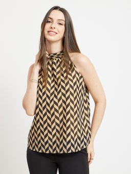 FableStreet - Halter Neck Geometric Top - Beige And Black