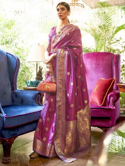 Odette - Women Silk Blend Magenta Woven Design Saree with Unstitched Blouse