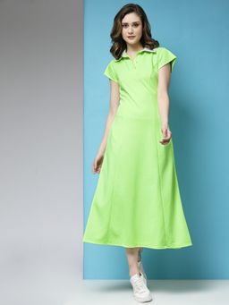 KASSUALLY - Neon Green Shirt Collar A-Line Midi Dress