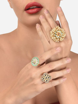Zaveri Pearls - Set of 3 Gold Tone Traditional Kundan Adjustable Finger Rings-ZPFK12765