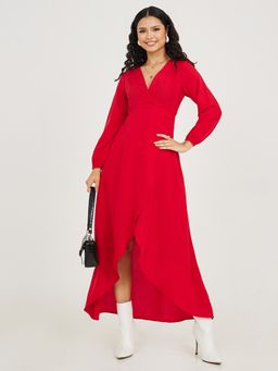Styli - Red Long Sleeves Wrap Around Maxi Dress