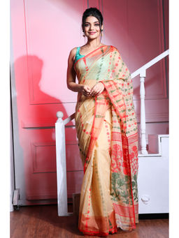 CHARUKRITI - Light Beige Silk Cotton Handwoven Jamdani Saree with Temple Border without Blouse