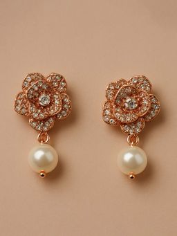 Estele - Sparkling Rose Gold Floral Earrings with Dangling Pearl|Ethnic & Occasion Wear