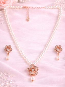 Estele - Golden Pearl Necklace Set with Rose Gold Floral Charm for Women|Rose with Pearl Collection