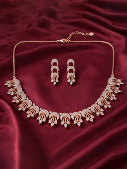Estele - Classic Leaf Motif Collar Rose Gold Plated White CZ Necklace Set for Celebration Occasions