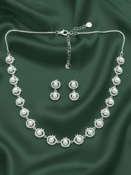Estele - Elegant Apple Shape Design Rhodium Plated White CZ & Pearl Necklace Set for Evening Parties