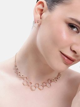 Estele - Rosegold Plated Crystal Hexagon Necklace Set | A Glamorous Touch for Evening Parties