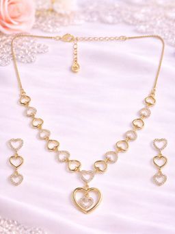Estele - Elegant Heart Link Chain Design Gold Plated White CZ Necklace Set for Celebration Wear