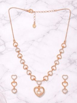Estele - Rosegold Plated Triple Heart Link CZ Necklace Set for Women Party Wear