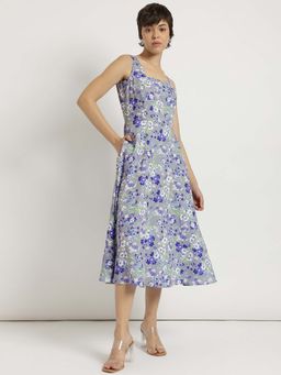 FableStreet - Grey Floral Fit And Flare Midi Dress