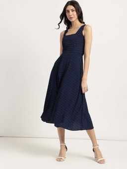 FableStreet - Navy Blue Fit and Flare Midi Dress