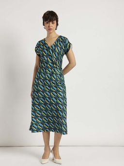 FableStreet - Navy Blue Abstract Print Midi Dress