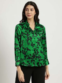 FableStreet - Green Satin Floral Shirt