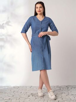 Globus - Women Med Blue Knee Length A-Line Denim Dress With Belt (Set of 2)