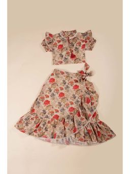 Poochkie - Beige Floral Top and Skirt (Set of 2)