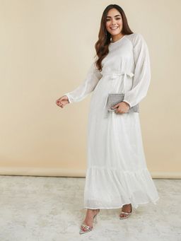 Styli - White Long Sleeves Self-striped Woven A-line Maxi Dress