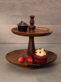 Ellementry - Sheesham 2 Tier Natural Wooden Cake Stand for Birthday Party and Wedding