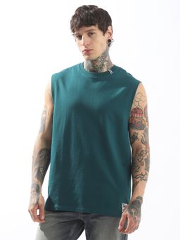 High Star - Men Cotton Solid Relaxed Fit Round Neck No Sleeves T-Shirt