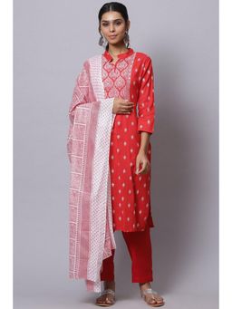 Biba - Red Cotton Unstitched Dress Material Suit Set