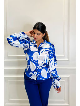 Myclo - Mesmerizing Printed Blue Satin Shirt