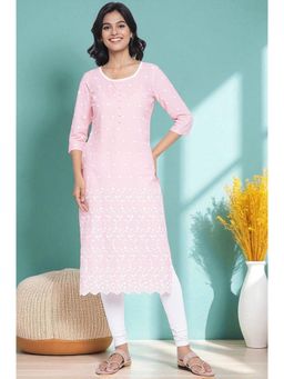 Aurelia - Women's Powder Pink Schiffli Pure Cotton Straight Kurta