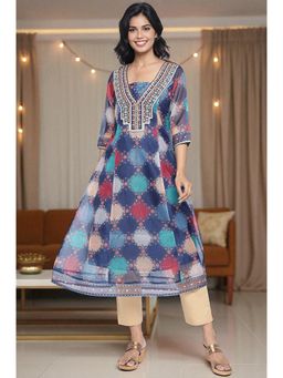Aurelia - Women's Blue Digital Printed Zari Kota Flared Kurta