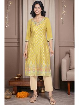 Aurelia - Women's Green Embroidered Beads Shantung Straight Kurta