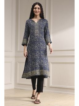 Biba - Women Blue Viscose Rayon Straight Printed Kurta