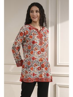 Biba - Women Off White-Red Polyester Straight Printed Kurti