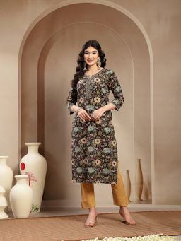 Stylum - Women's Black Floral Printed Cotton Straight Kurta