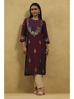 Rangriti - Women Wine Polyester Blend Printed Straight Kurta