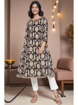 Folksong - Women's Black Printed Pure Cotton Flared Kurta
