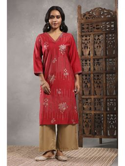 Rangriti - Women Red Viscose Blend Printed Straight Kurta