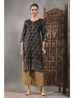Rangriti - Women Black Viscose Rayon Printed Straight Kurta